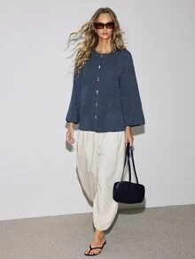 ATUI Studio Women 100% Cotton Blue And White Stripe Collarless Long Sleeve Shirt French Vintage Minimalist Modest Chic Vertical Fall Loose Slimming Drop Shoulder - Navy Blue - View 7