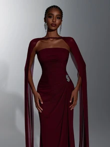 Elitara Elegant Burgundy Knit Mesh Strapless Ruched Waist Bodycon Long Dress With Detachable Strapless Drape, Suitable For Date, Single Party, Wedding, Event, Evening Banquet, Bridesmaid Dress - Burgundy - View 4