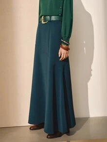 MOTF PREMIUM WOMEN'S HIGH WAIST SPLIT HEM SKIRT WITH BELT, FLARED SKIRT, AUTUMN/WINTER - Green - View 5