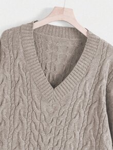 Rustia 大尺碼女款落肩V領寬鬆針織毛衣，秋冬休閒款 - 卡其色 - 查看 5