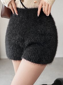 FRIFUL Women's Solid Color High Waist Fuzzy Texture Preppy Casual Cute Style Shorts Lounge Beige Black Fall Everyday Winter - Black - View 4