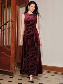 Anewsta Women's Mid-Length Patchwork Velvet Dress, Elegant Holiday Wear, Christmas Dress - Dark Red - View 4