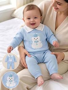 SHEIN Infant (Boy) Sweater Set Fashionable Cute Versatile Pullover POLO Collar Back Button Knit Cartoon Snowman Long Sleeve Single Piece + Knit Long Pants Suitable For Spring And Autumn Seasons Soft And Comfortable Suitable For Daily Scenes Suitable For Outing Scenes Suitable For Travel Scenes Suitable For Vacation Scenes Suitable For Christmas Halloween Suitable For Daycare Scenes Suitable For Children Playing And Wearing - Blue - View 5