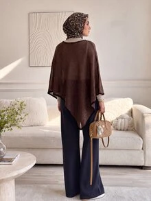Solavon Women's Solid Color Asymmetric Contrast Trim Fashion Cover Up - Coffee Brown - View 3