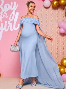 Loomaby Maternity 3D Floral Decor Off-Shoulder Elegant Party Dress - Blue - View 6