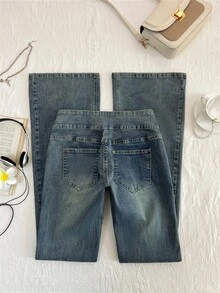 SHEIN CURVE+ Plus Size Women's Washed Vintage Distressed Flare Leg Denim Jeans - Dusty Blue - View 2