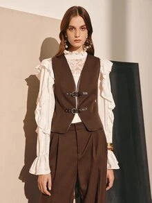 MOTF PREMIUM Damen Herbst/Winter Business Lässig Pendler Lederweste mit Knopfdekoration - Mokka-Braun - Übersicht 6