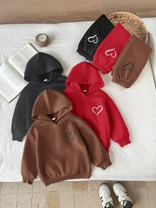 LMoss Kids 女童小女孩針織純色愛心圖案連帽休閒衛衣與長秋褲 6件套 - 黑色 - 查看 3