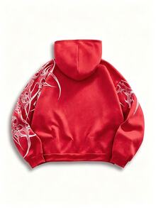 ROMWE MEN Goth Men's Red Zipper Placket Graphic Long Sleeve Hoodie - Red - View 2