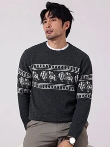 Manfinity Homme 男士圓領懶人長袖套頭毛衣，休閒提花秋冬服飾，黑色寬鬆時尚日常穿搭百搭動物圖案套頭毛衣 - 深灰色 - 查看 4