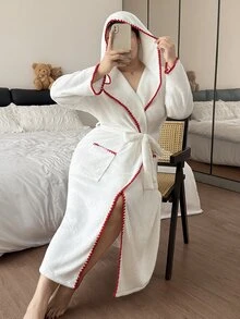 Napfluff CURVE Napfluff CURVE Contrast Color Machine Embroidered Trim With Dual Pockets Lapel Collar Plush Long Sleeve Plus Size Women's Robe - White - View 6