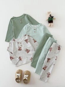 SHEIN Playful Pals 3套幼童男孩上衣褲子套裝 可愛鼠尾草綠灰色熊圖案 條紋羅紋長袖圓領 常規款 適合假日、秋季、日常穿著 - 綠色 - 查看 1