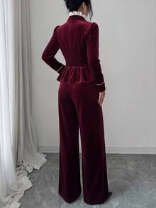 SHEIN Elenzya Women's Colorblock Pleated Long Sleeve Jacket And Pants Suit Set - Red - View 2