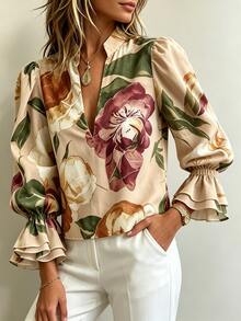 EMERY ROSE 法式花園水彩花卉印花立領女式襯衫 春夏新款 溫柔優雅 V領泡泡袖荷葉邊上衣 - 卡其色 - 查看 4
