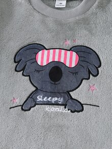 Girls' Koala Embroidery & Heart Print Long Sleeve Plush Pajama Set, Fleece Lounge Wear - Baby Blue - View 6