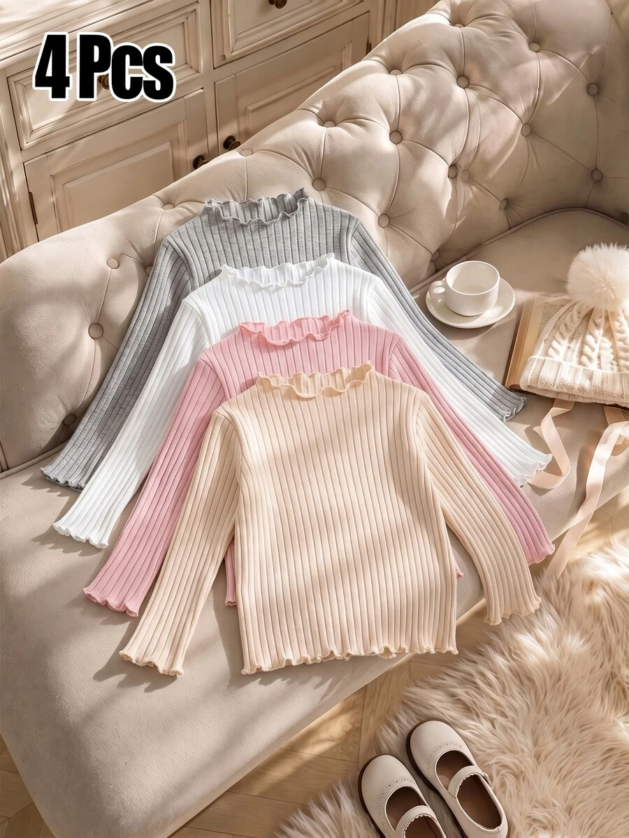 4pcs Baby/Toddler Autumn/Winter Cotton Ribbed Solid Color Ruffle Long Sleeve Tops, Cute T-Shirt Undershirts For Spring/Autumn, Versatile Fashion Tops - Multicolor - View 1