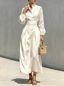 SHEIN LUNE Women's Solid Color Pleated Casual Party & Travel Dress - Ivory White - View 4