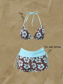 Elavelle Gentle Pink And Brown Color-Blocked Floral Split-Body Swimsuit For Women, Two Pieces, Hanging Neck Strap, Bikini, Covering Fat, Preventing Exposure, Fl - Multicolor - View 1