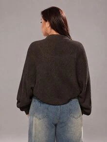 Rustia New Bat-Sleeve Plus Size Women's Knit Cardigan Shawl - Coffee Brown - View 2