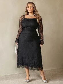 SHEIN CURVE+ Us 22 Women's Plus Size Lace Black Elegant Sexy Dress For Party And Wedding Fall - Black - View 5