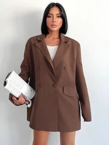 SHEIN Tall Size Lapel Neck Double Breasted Flap Detail Casual Blazer - Brown - View 3