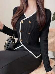 FRIFUL Women's Early Summer/Autumn New Korean Style Color Block Ribbed Slimming Long Sleeve T-Shirt - Black - View 6