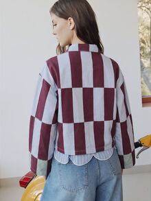 Nöista Chaqueta de mezclilla con cierre de botones delantero y cuello estampado - Burdeos - Ver 2