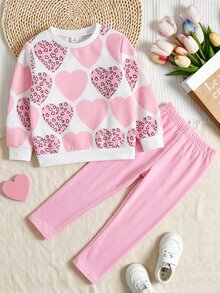 Toddler Girls Heart Print Sweatshirt & Leggings Set, Sweet Pink Cozy Casual Outfit, Fall Winter (2 Pcs) - Multicolor - View 3