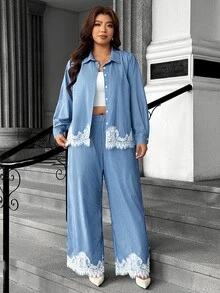 Vionelle Setelan Kasual Sehari-hari 2 Potong untuk Wanita Ukuran Plus dengan Atasan Lengan Panjang dan Celana Bergaris Patchwork Renda - Blue and White - View 3