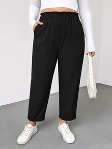 SHEIN Essnce 大尺碼女款春夏時尚休閒寬鬆舒適日常百搭顯瘦卡其色鬆緊腰錐腳長褲，女款下裝，極簡風大尺碼長褲 - 黑色 - 查看 3