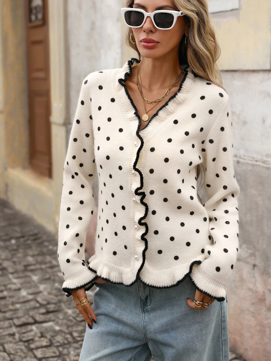 Brillora Women's Casual Polka Dot Pattern Frill Trim Placket Sweater Jacket For Autumn/Winter Outings And Vacations - Apricot - View 1