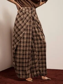 Hauture American Vintage Plaid Cross Double Button Waist Loose Mid-Waist Deconstructed Style Wide Leg Long Pants For Women Autumn/Winter - Brown - View 3