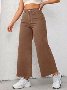 SHEIN CURVE+ بنطلون جينز مقاس كبير مغسول بلون موحد - بني - مشاهدة 3