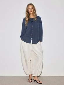 ATUI Studio Women 100% Cotton Blue And White Stripe Collarless Long Sleeve Shirt French Vintage Minimalist Modest Chic Vertical Fall Loose Slimming Drop Shoulder - Navy Blue - View 2
