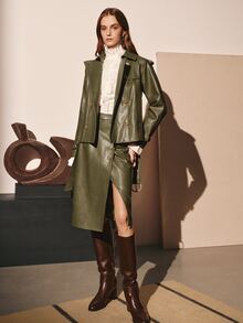 MOTF PREMIUM Rok Kulit Wanita Elegan untuk Komuter, Motif Kancing, Musim Gugur/Dingin - Olive Green - View 1