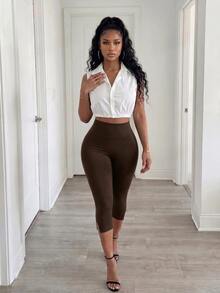 BamGleam Seamless Knit Sexy Split Leg Solid Color Capri Pants - Mocha Brown - View 7