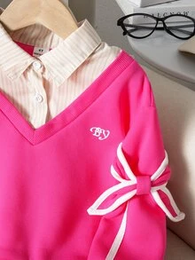 Genkimix Kids 女童粉色拼接蝴蝶結二合一衛衣，適合嬰兒洗禮、7歲生日、秋季公主仙女風 - 玫紅色 - 查看 5