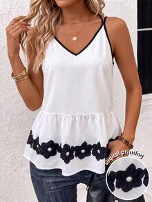 EMERY ROSE French V-Neck Contrast Color Camisole Top For Women, 3D Pearl Floral Print Ruffle Hem Loose Sleeveless Blouse - Black and White - View 1