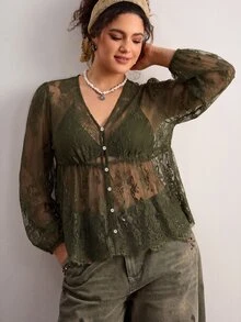 Freevana 女款蕾絲貝殼鈕扣透視襯衫，大尺碼寬鬆優雅休閒日常街頭外出通勤度假春夏女裝大尺碼襯衫 - 軍綠色 - 查看 11
