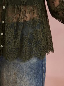 Freevana 女款蕾絲貝殼鈕扣透視襯衫，大尺碼寬鬆優雅休閒日常街頭外出通勤度假春夏女裝大尺碼襯衫 - 軍綠色 - 查看 3
