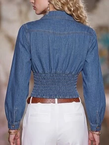 Balvessa Women's Single-Breasted Denim Jacket With Pockets, Cinched Waist, Long Sleeve, Fashionable - Blue - View 2