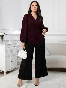 Modelyn Plus Size Women's Solid Color Overlap V-Neck Long Sleeve Ruched Asymmetrical Hem Blouse - Burgundy - View 5