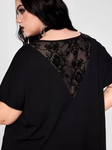 ROMWE Y2K Punk Gothic Plus Size Women Black Asymmetrical Hem Back Lace Patchwork Sexy Sheer Fabric - Black - View 1