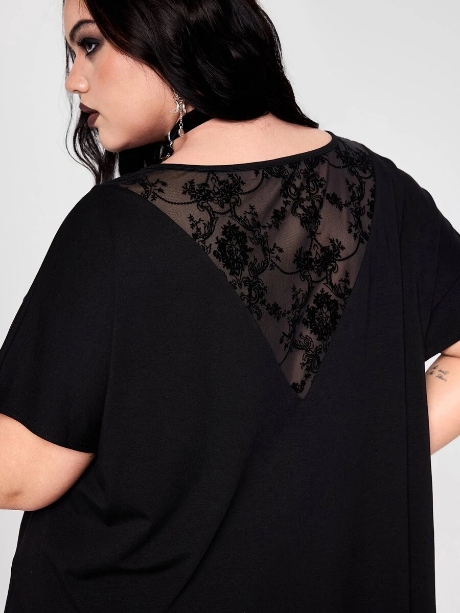 ROMWE Y2K Punk Gothic Plus Size Women Black Asymmetrical Hem Back Lace Patchwork Sexy Sheer Fabric - Black - View 1