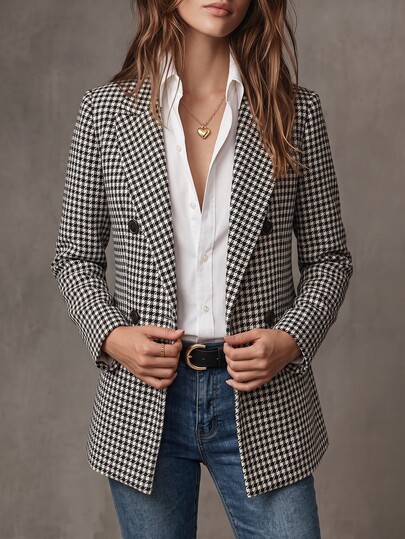 SHEIN Blazer de manga larga regular para mujer, estilo traje, bolsillos a mano, tela de tweed, cuello de solapa, corte holgado, elegante y de moda, exquisito, casual, para ir al trabajo, estilo callejero, fiesta, cita, reunión