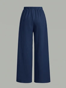 SHEIN Teen Girl Solid Color Drawstring Waist Casual Daily Long Pants - Navy Blue - View 3