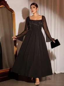 Cravure Plus Size Women Elegant Party Banquet Sequin Long Sleeve Dress - Black - View 6