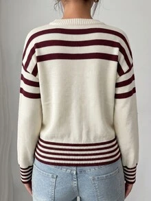 SHEIN Raffinéa Casual Fit Round Neck Long Sleeve Knit Contrast Stripe Design Beige Women's Spring/Autumn Sweater - Multicolor - View 2