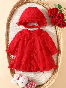 SHEIN 2件組新生女嬰公主芭蕾舞裙套裝，甜美紅色蕾絲花卉長袖圓領常規款派對秋季假日洋裝，附荷葉邊刺繡帽子 - 紅色 - 查看 2