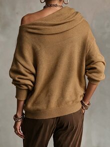 Breezaya Women's Button Decor Asymmetrical Shoulder Pullover Sweater, Sexy Style - Bronze - View 2